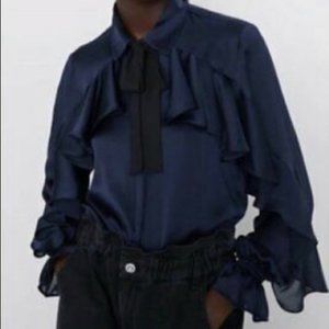ZARA NAVY RUFFLE BLOUSE WITH BLACK TIE